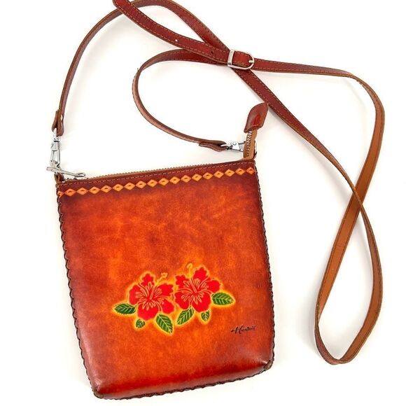 Vintage Floral Tooled Leather Crossbody Bag Hawaii woven Vintage purse - Picture 1 of 12